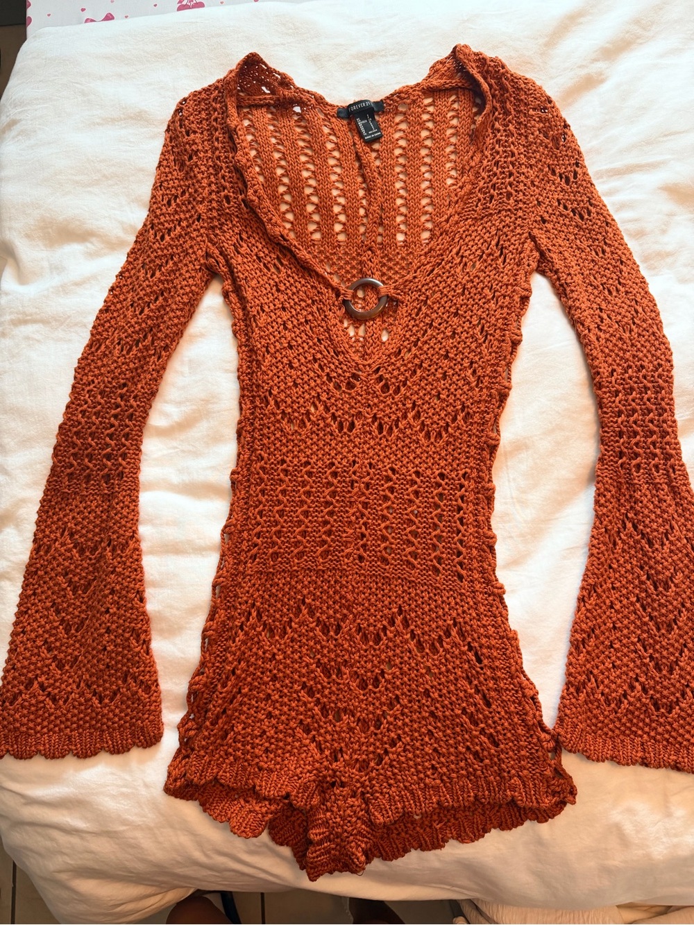 Rust Crochet V-Neck Swim Cover-Up Romper